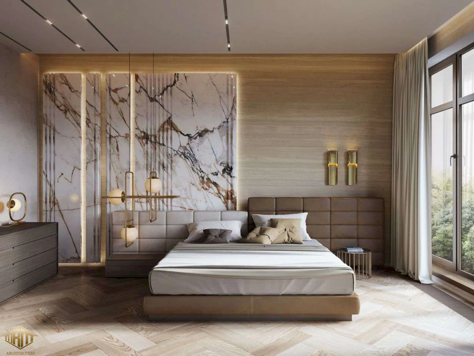 Conception d'Intérieur Agadir - Chambre luxueuse avec mur en marbre et parquet chevron