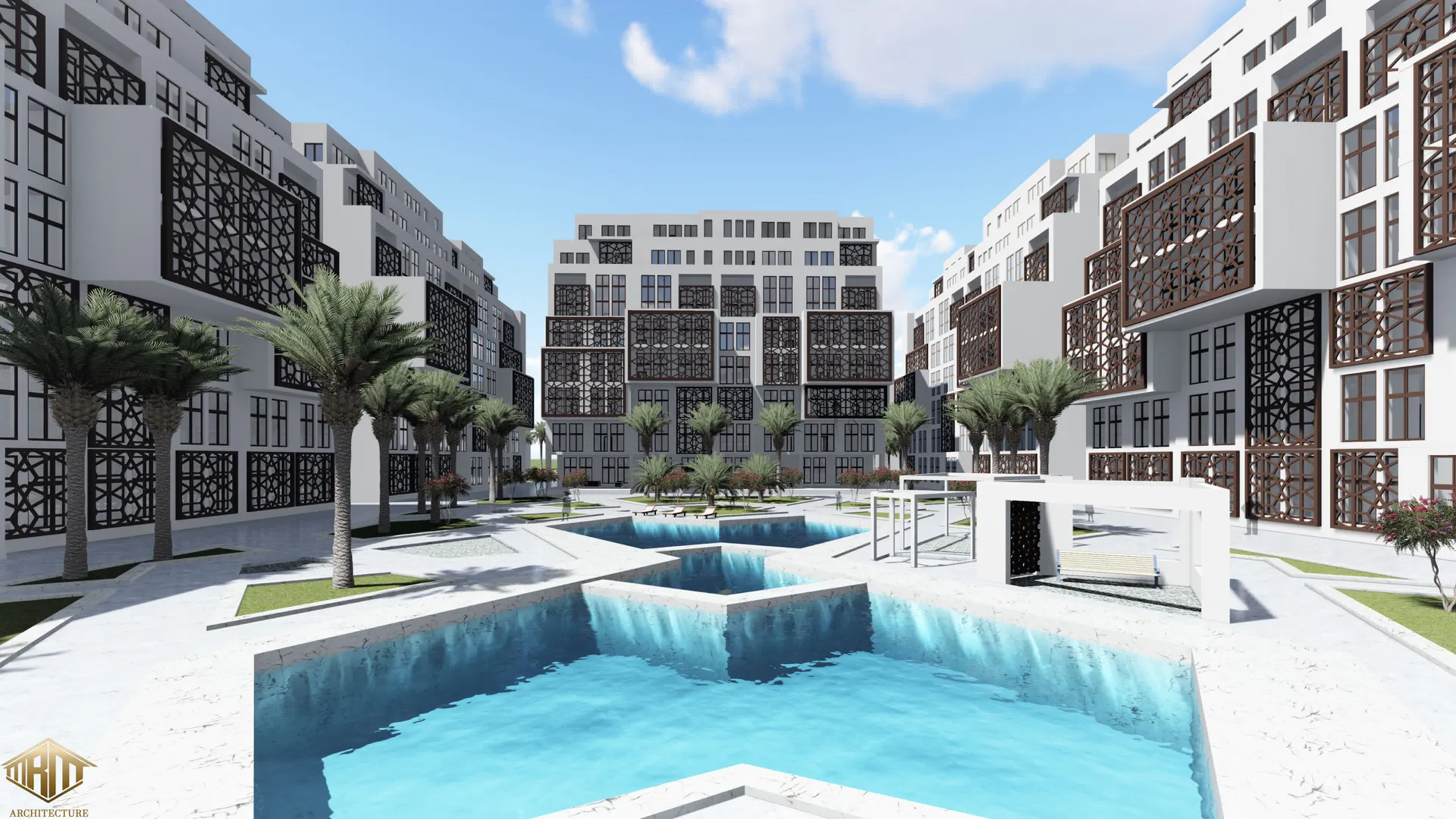 Projet résidentiel MRM Architecture - Cour intérieure avec bassins et moucharabiehs